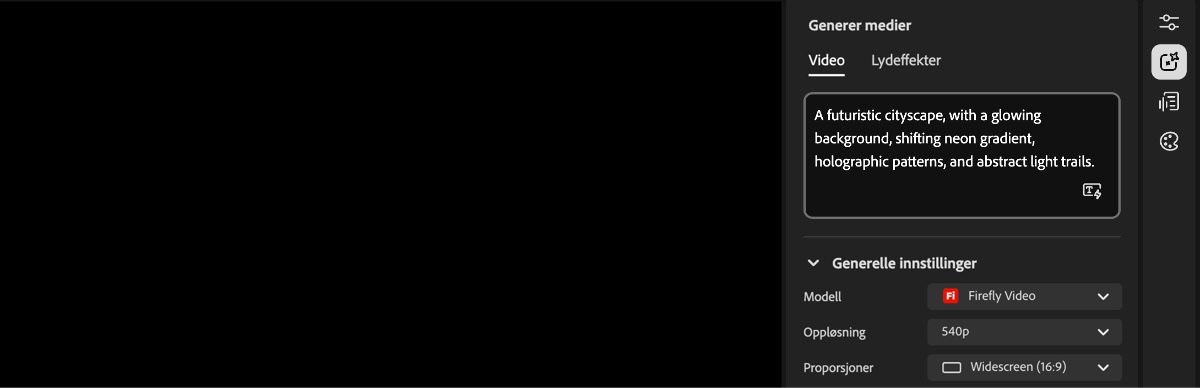 Startsiden for videoredigeringsprogrammet viser Genereringsinnstillinger-panelet til høyre og en tekstboks for å skrive inn en hjelpetekst.