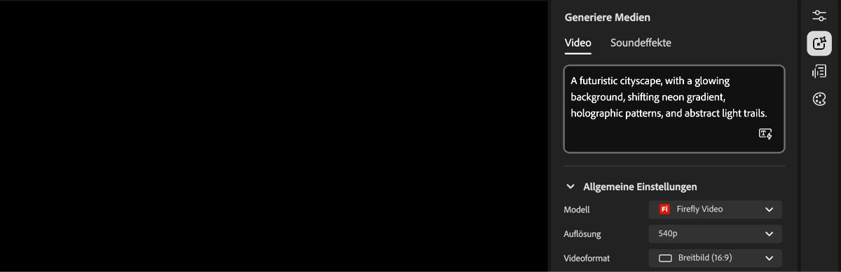 Der Video-Editor-Startbildschirm zeigt das Einstellungsbedienfeld für die Generierung auf der rechten Seite und ein Textfeld für die Eingabe einer Beschreibung.