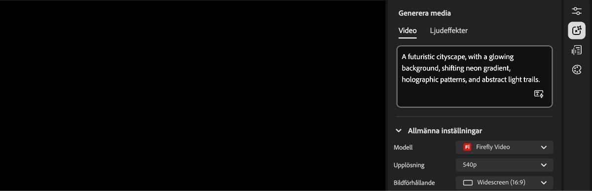 Videoredigerarhemskärmen visar panelen Genereringsinställningar till höger och en textruta för att ange en beskrivning.