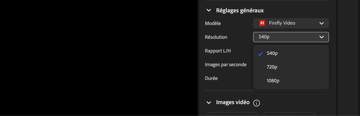 L'écran de l'éditeur vidéo affiche le menu déroulant Résolution, utilisé pour définir la résolution de la vidéo générée.