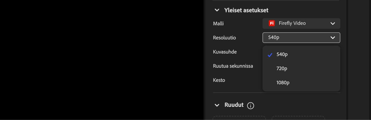 Videoeditorissa on avattava Resoluutio-valikko, josta voi määrittää generoitavan videon resoluution.