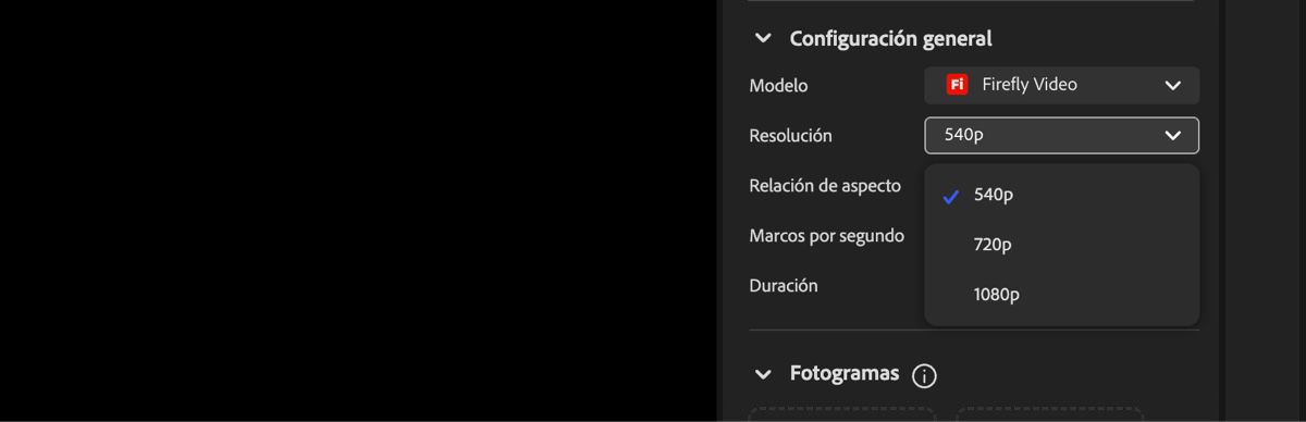 La pantalla del editor de Video muestra el menú desplegable de Resolución, utilizado para establecer la resolución del vídeo generado.