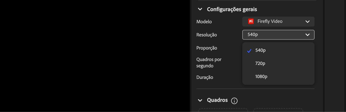 A tela do Editor de vídeo exibe o menu suspenso Resolução, usado para definir a resolução do vídeo gerado.