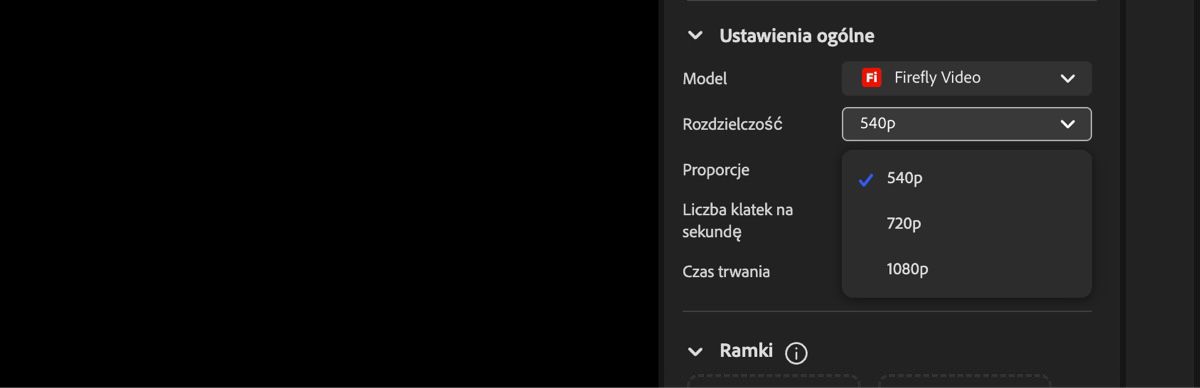 Ekran edytora wideo wyświetla menu rozwijane Rozdzielczość, używane do ustawiania rozdzielczości generowanego wideo.