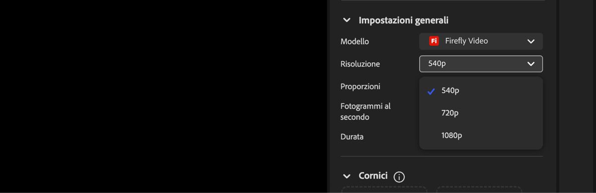 La schermata dell'editor video mostra il menu a discesa Risoluzione, utilizzato per impostare la risoluzione del video generato.
