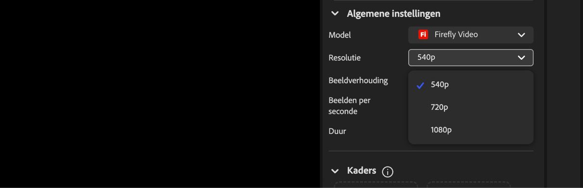 Het scherm van de video-editor bevat het vervolgkeuzemenu Resolutie. Deze kun je gebruiken om de resolutie van de gegenereerde video in te stellen.