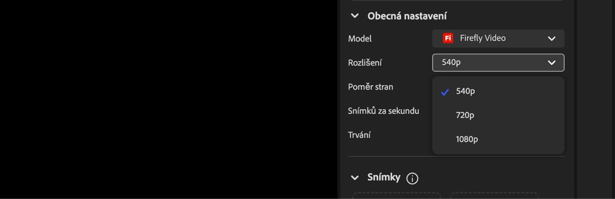 Obrazovka Video editoru zobrazuje rozbalovací nabídku Rozlišení, která se používá k nastavení rozlišení generovaného videa.