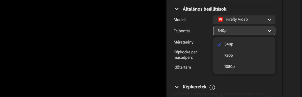 A Videószerkesztő képernyő megjeleníti a Felbontás legördülő menüt, amely a létrehozott videó felbontásának beállítására szolgál.