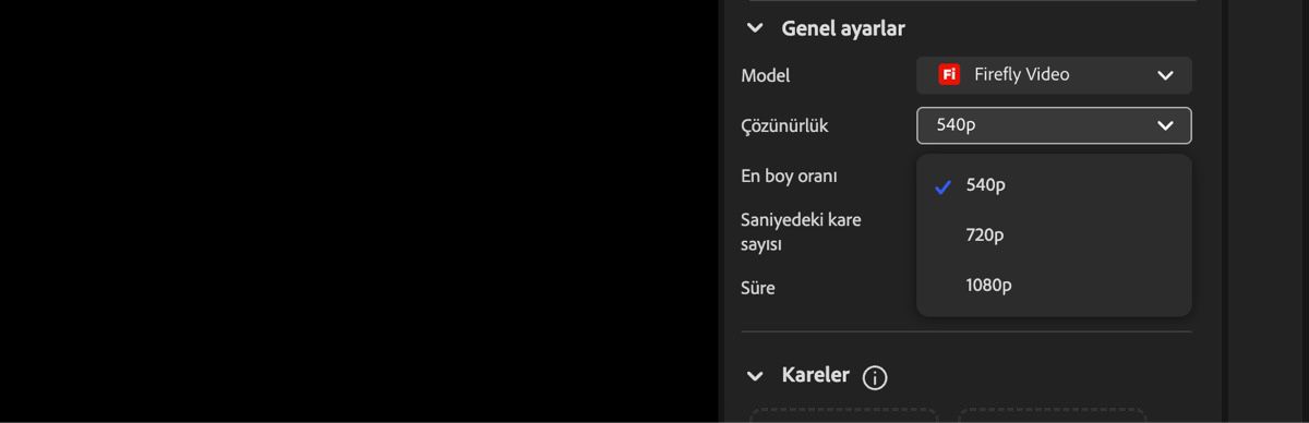 Video düzenleyici ekranı, oluşturulan videonun çözünürlüğünü ayarlamak için kullanılan Çözünürlük açılır menüsünü görüntüler.