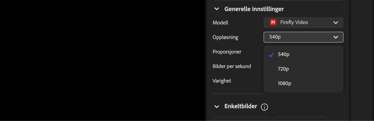 Videoredigeringsskjermen viser nedtrekksmenyen for oppløsning, som brukes til å stille inn oppløsningen på den genererte videoen.