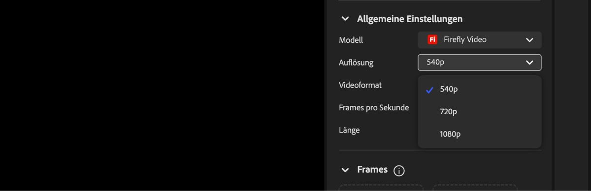 Der Video-Editor-Bildschirm zeigt das Auflösungs-Dropdown-Menü, mit dem die Auflösung des generierten Videos eingestellt wird.