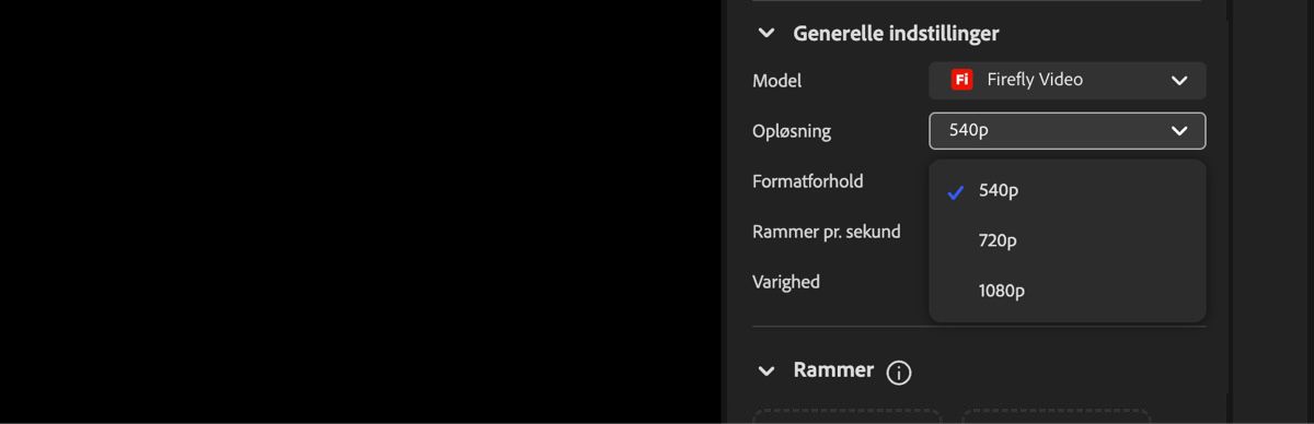 Videoeditorskærmen viser rullemenuen Opløsning, der bruges til at indstille opløsningen af den genererede video.