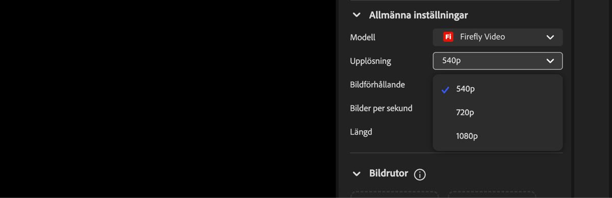 Videoredigerarskärmen visar upplösningsmenyn som används för att ställa in upplösningen på den genererade videon.