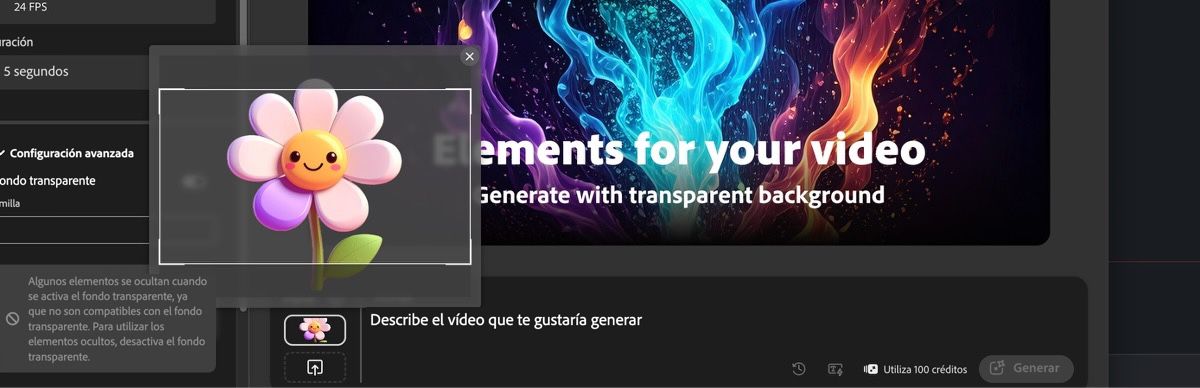 Se ha añadido la imagen del primer fotograma y hay una indicación de texto para generar un vídeo.