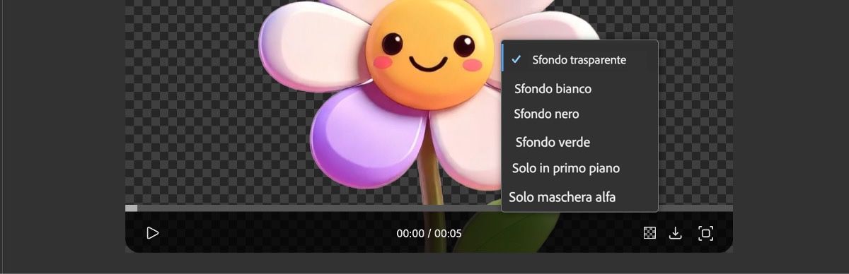 Nella sezione anteprima, puoi scegliere come visualizzare il video con sfondo trasparente.Gli stili disponibili includono sfondi di colore bianco, nero e verde per visualizzare meglio la trasparenza.