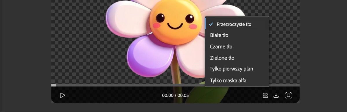 W sekcji podglądu możesz wybrać sposób wyświetlania filmu z przezroczystym tłem. Dostępne style obejmują białe, czarne i zielone tło, które pomagają wizualizować przezroczystość.
