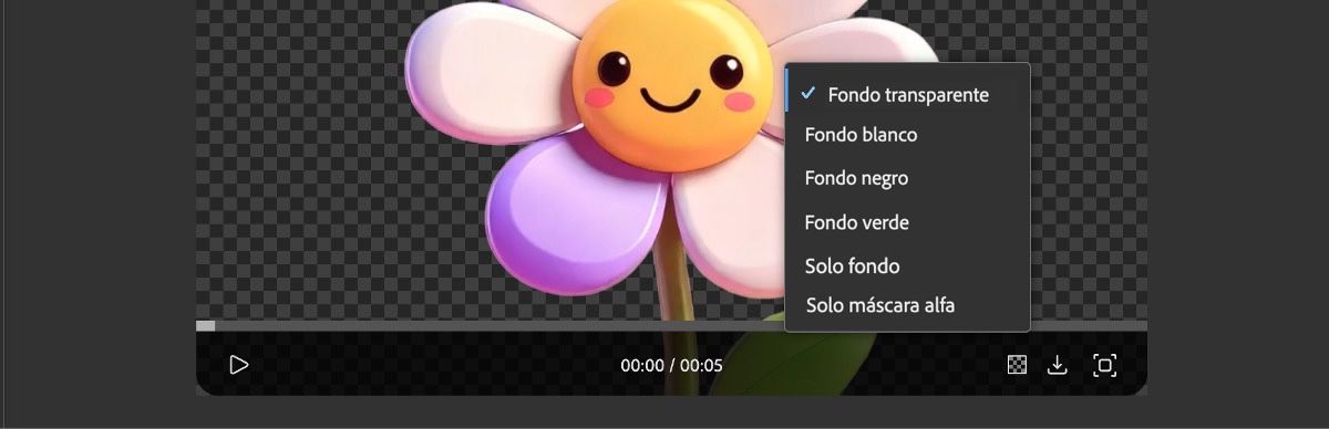 En la sección de vista previa, puede elegir cómo ver el vídeo con fondo transparente. Los estilos disponibles incluyen fondos Blancos, Negros y Verdes para ayudar a visualizar la transparencia.