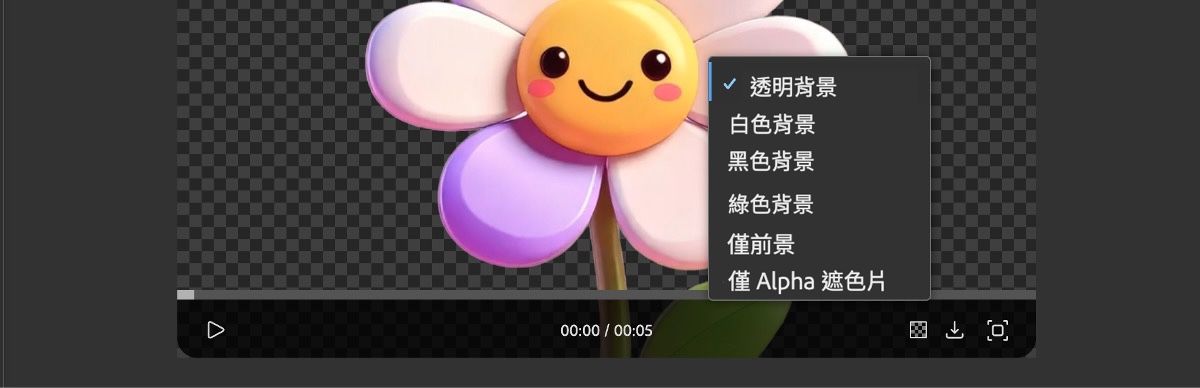 在預覽區段中，您可以選擇如何檢視具有透明背景的影片。可用的樣式包括白色、黑色和綠色背景，以協助視覺化透明度。