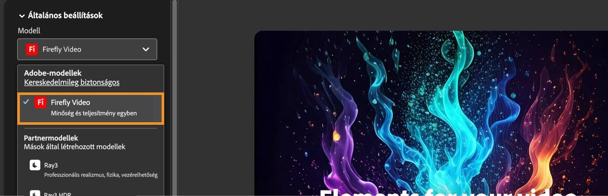 Az Általános beállítások részben a Firefly Video van kiválasztva a videó létrehozásához.