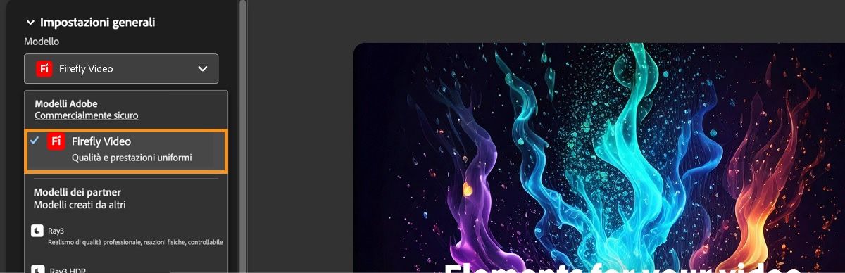Nella sezione Impostazioni generali, Firefly Video è selezionato come modello per la generazione di video.