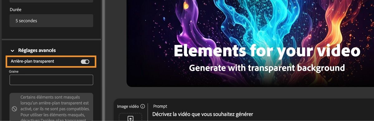 Dans la section Paramètres avancés, l’option Arrière-plan transparent est activée.