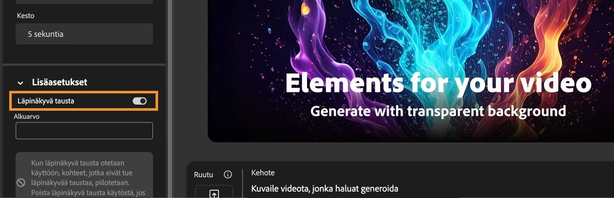 Lisäasetukset-osiossa on otettu käyttöön Läpinäkyvä tausta -vaihtoehto.