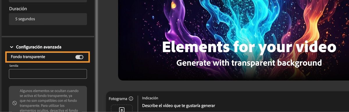 En la sección Ajustes avanzados, la opción Fondo transparente está habilitada.