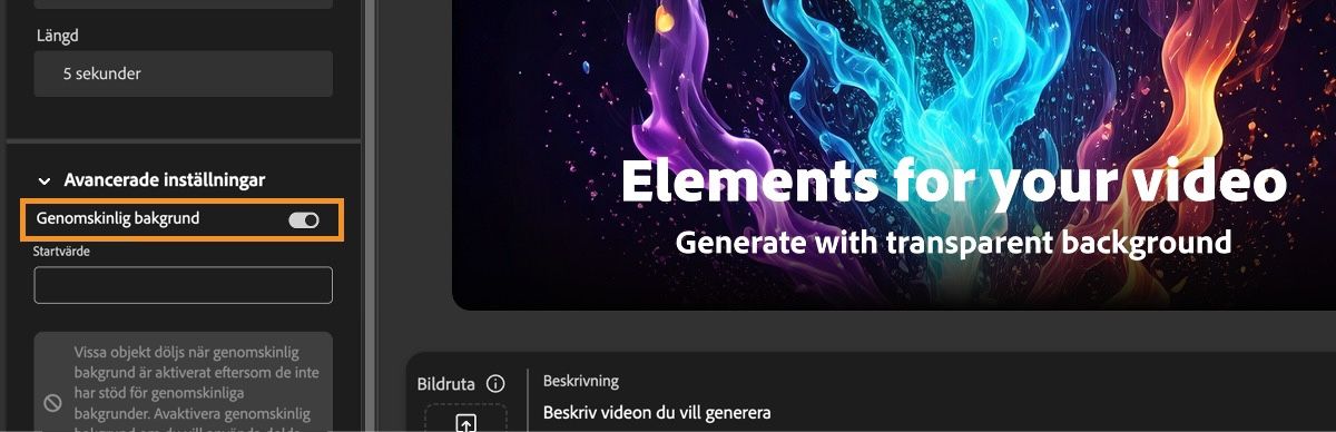 Under avsnittet Avancerade inställningar är alternativet Transparent bakgrund aktiverat.
