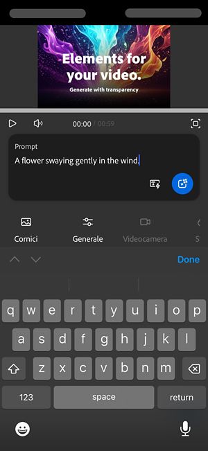 Il prompt di testo è aperto ed è stata aggiunta una descrizione per la generazione del video.
