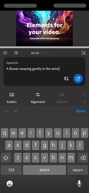 De tekstprompt is geopend en er is een beschrijving toegevoegd voor het genereren van video's.