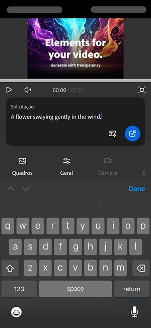 O prompt de texto está aberto e uma descrição foi adicionada para a geração de vídeo.