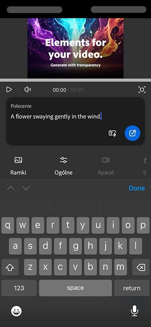 Polecenie tekstowe jest otwarte i dodano opis dotyczący generowania wideo.
