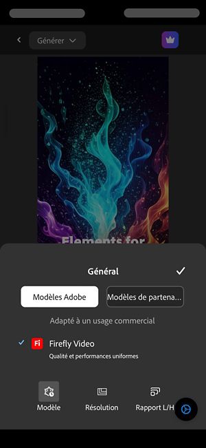La section Général s’ouvre et l’option Modèles Adobe est sélectionnée. Dans la liste des modèles, Firefly Video est sélectionné.