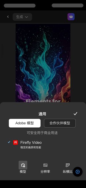 “常规”部分已打开，且已选择“Adobe 模型”。从模型列表中，选择了 Firefly Video。