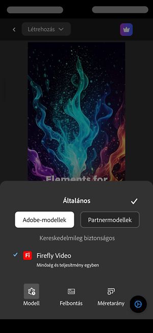Az Általános szakasz nyitva van, és Adobe modellek van kiválasztva.A modellek listájából a Firefly Video van kiválasztva.