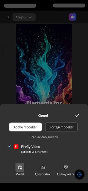 Genel bölümü açılır ve Adobe modelleri seçilir. Modeller listesinden Firefly Video seçilir.