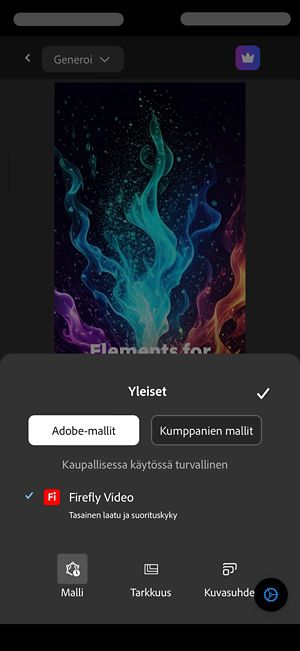 Yleiset-osio on avattu, ja Adoben mallit -vaihtoehto on valittuna. Mallien luettelosta on valittu Firefly Video.