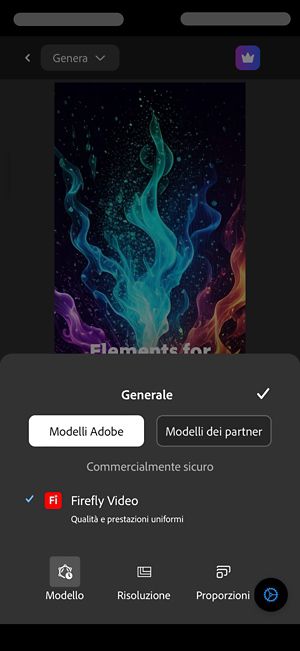 La sezione Generale è aperta ed è selezionata l'opzione Modelli Adobe. Nell'elenco dei modelli partner è selezionato Firefly Video.