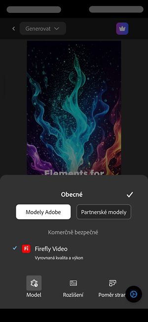 Otevřená část Obecné s vybranými modely Adobe.Ze seznamu modelů je vybráno Firefly Video.