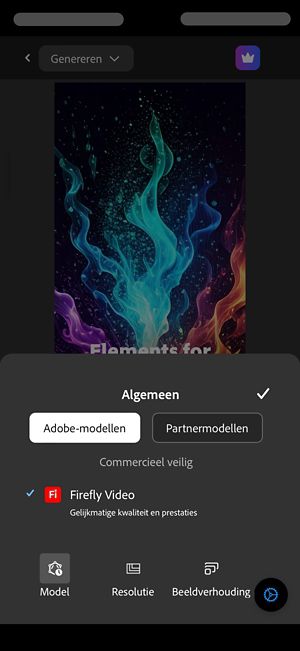 Het gedeelte Algemeen is geopend en Adobe-mobellen zijn geselecteerd.In de lijst met modellen is Firefly Video geselecteerd.