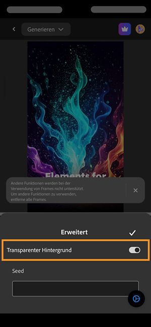 Der erweiterte Bereich ist geöffnet und die Option für transparenten Hintergrund ist aktiviert, um ein Video ohne Hintergrund zu generieren.