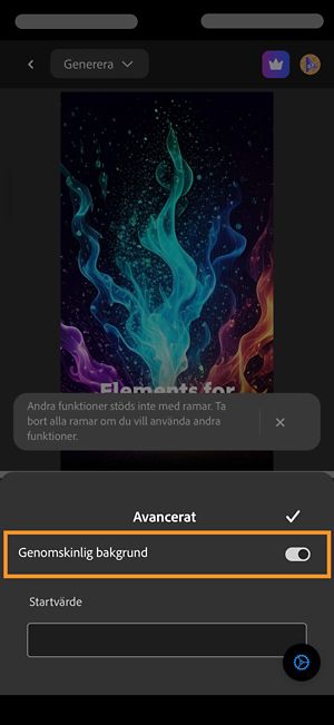 Avsnittet Avancerat är öppet och alternativet Genomskinlig bakgrund är aktiverat för att generera en video utan bakgrund.