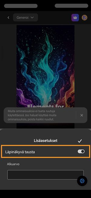 Lisäasetukset-osio on auki ja Läpinäkyvä tausta -vaihtoehto on päällä videon generoimiseksi ilman taustaa.