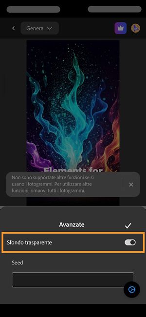 La sezione Avanzate è aperta e l'opzione Sfondo trasparente è attivata per generare un video senza alcuno sfondo.