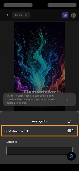 A seção Avançado está aberta e a opção Fundo transparente está ativada para gerar um vídeo sem nenhum fundo.