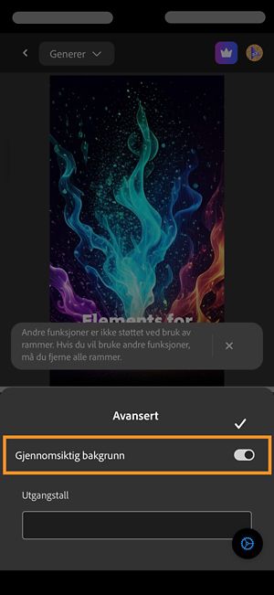 Avansert-delen er åpen og alternativet Gjennomsiktig bakgrunn er slått på for å generere en video uten bakgrunn.