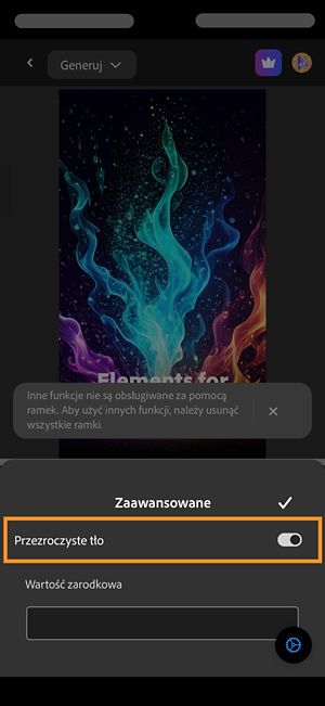 Sekcja Zaawansowane jest otwarta, a opcja Przezroczyste tło jest włączona, aby wygenerować wideo bez tła.