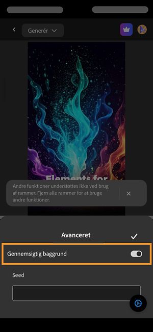 Afsnittet Avanceret er åbent, og indstillingen Gennemsigtig baggrund er slået til for at generere en video uden baggrund.