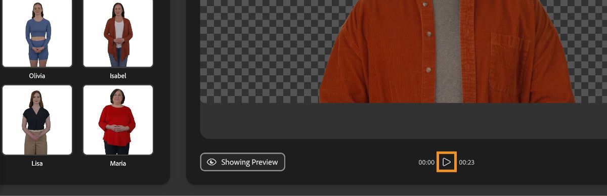 An avatar is selected from the available ones and the Play icon is selected to preview the avatar with the voice.
