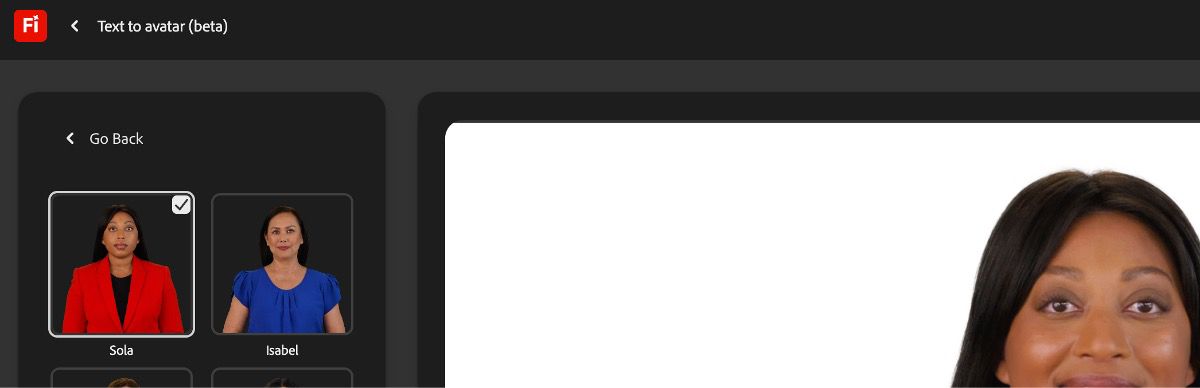 An avatar is selected from the available ones and the Play icon is selected to preview the avatar with the voice.